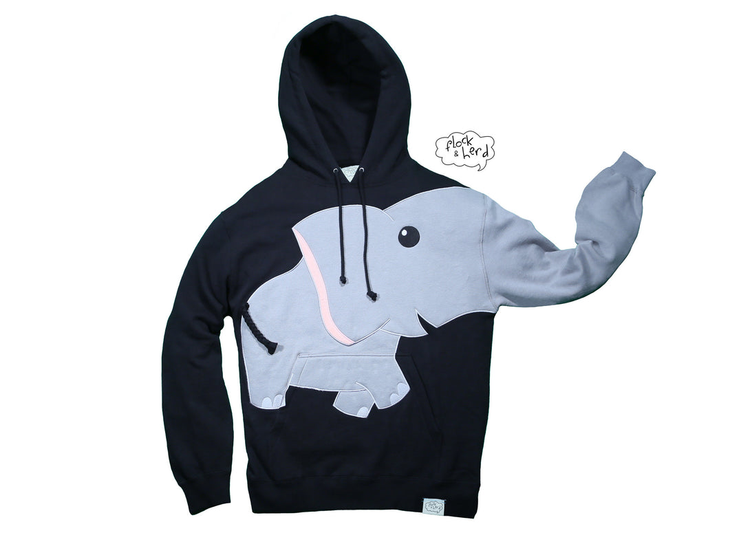 flock and herd clothing elephant hoodie with trunk sleeve up